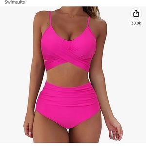 NWOT Hot Pink bikini. Push up wrap top. High Waisted Bikini bottom. Large.